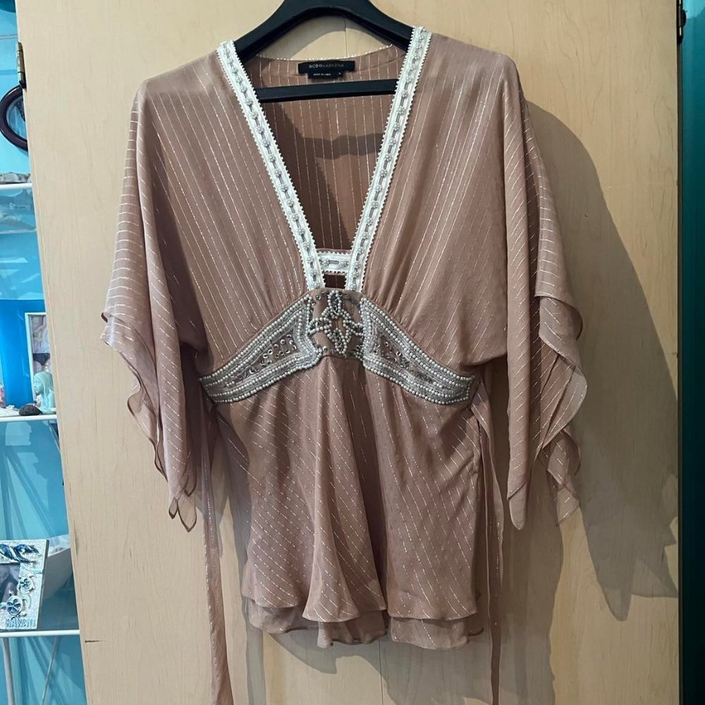 New BCBG Max Azria Pink Beige Butterfly Top Size S Small